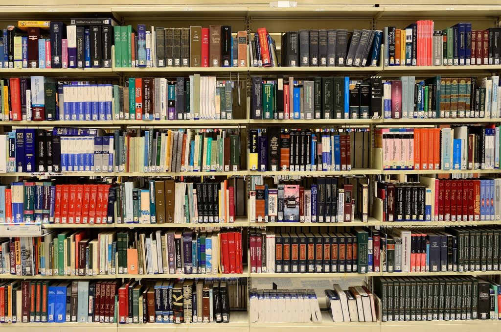 Law library shelves with UK legal textbooks – referencing section
